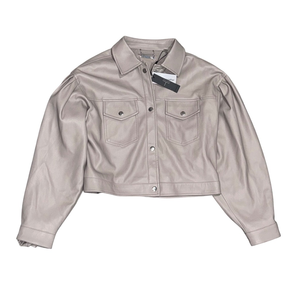 T Tahari Faux Leather Jacket‎ Womens S Pale Grey NEW Puff Sleeve Cropped TH14252